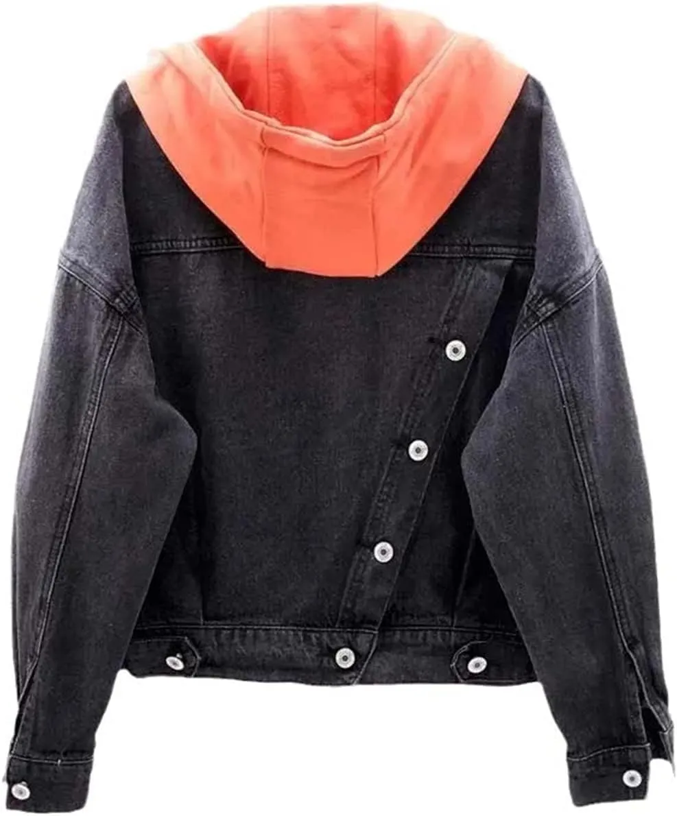 Women Blue Deconstructable Hooded Turn-Down Collar Denim Jacket Loose Button Patchwork Outwear Jean Coat