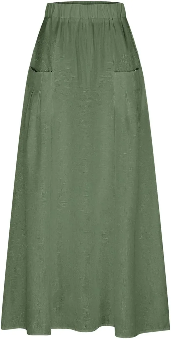 Women Casual Elastic High Waist Long Maxi Skirts Stretch Lightweight Plus Size Knee Length Skirt Summer Beach Dress