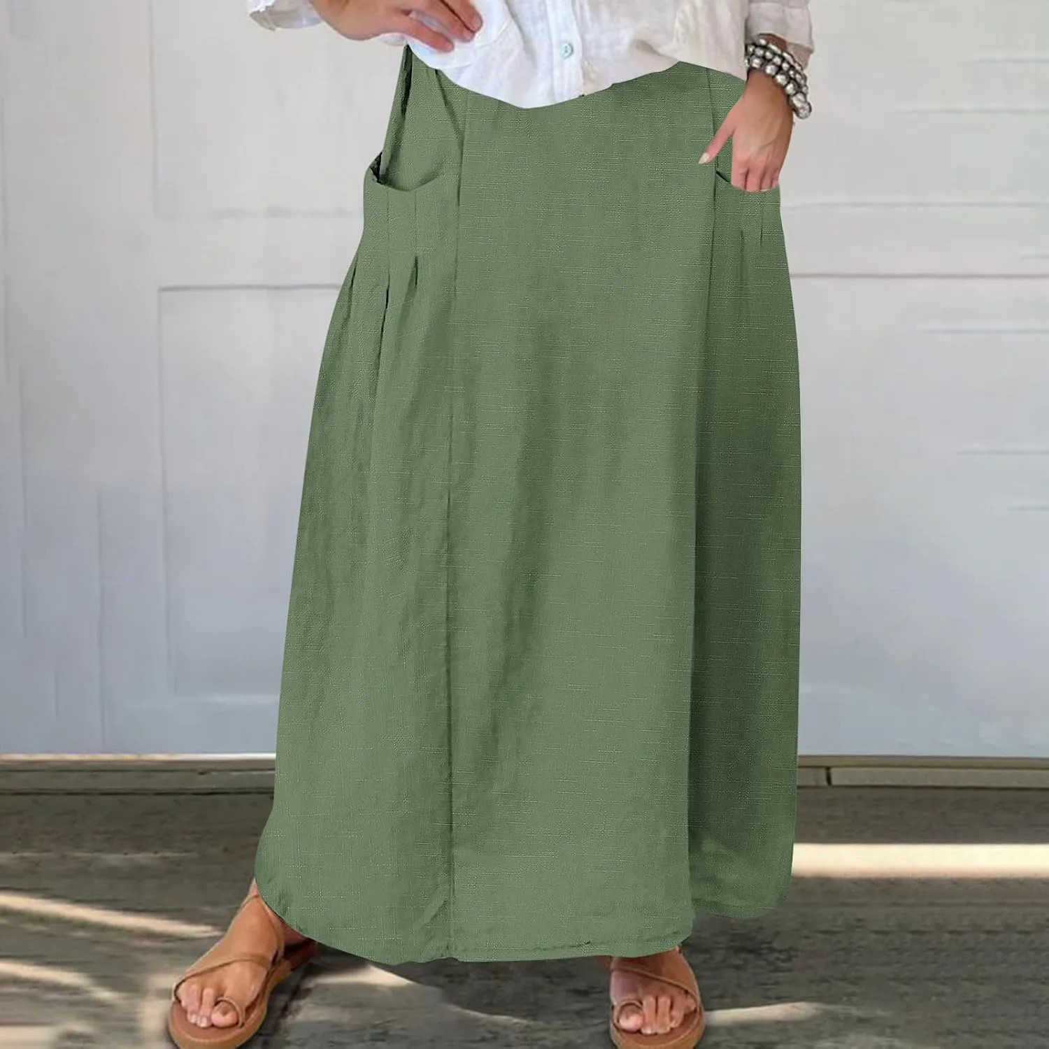 Women Casual Elastic High Waist Long Maxi Skirts Stretch Lightweight Plus Size Knee Length Skirt Summer Beach Dress