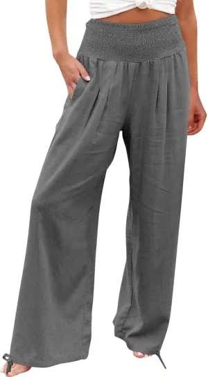 Women Cotton Linen Palazzo Pants Summer Boho Wide Leg High Waist Casual Lounge Pant 2025 Beach Travel Vacation Outfits
