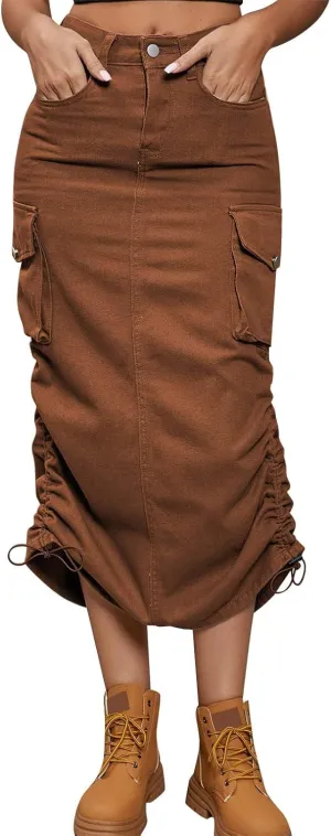 Women Drawing Rope Casual Fashion Half Body Denim Skirt High Split Skirt Pleated Midi Skirt (B-Brown, L)