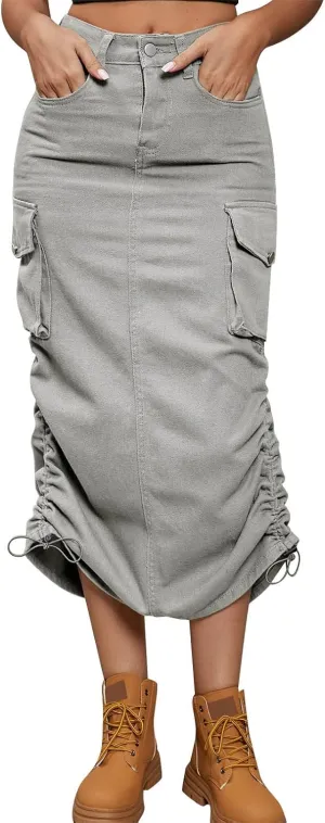 Women Drawing Rope Casual Fashion Half Body Denim Skirt High Split Skirt Pleated Midi Skirt (B-Grey, XL)