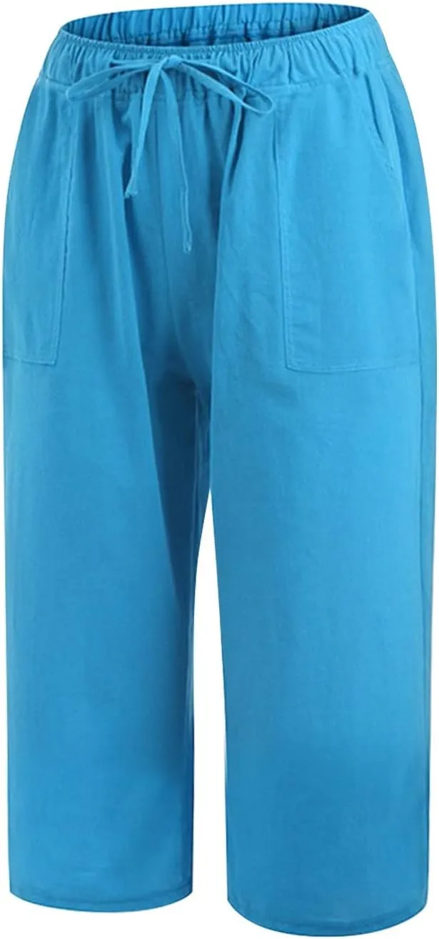 Women Fashion Solid Color Cotton Elastic Long Pants Beach Leisure Trousers Crop Length Pants Linen