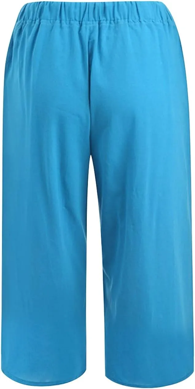 Women Fashion Solid Color Cotton Elastic Long Pants Beach Leisure Trousers Crop Length Pants Linen