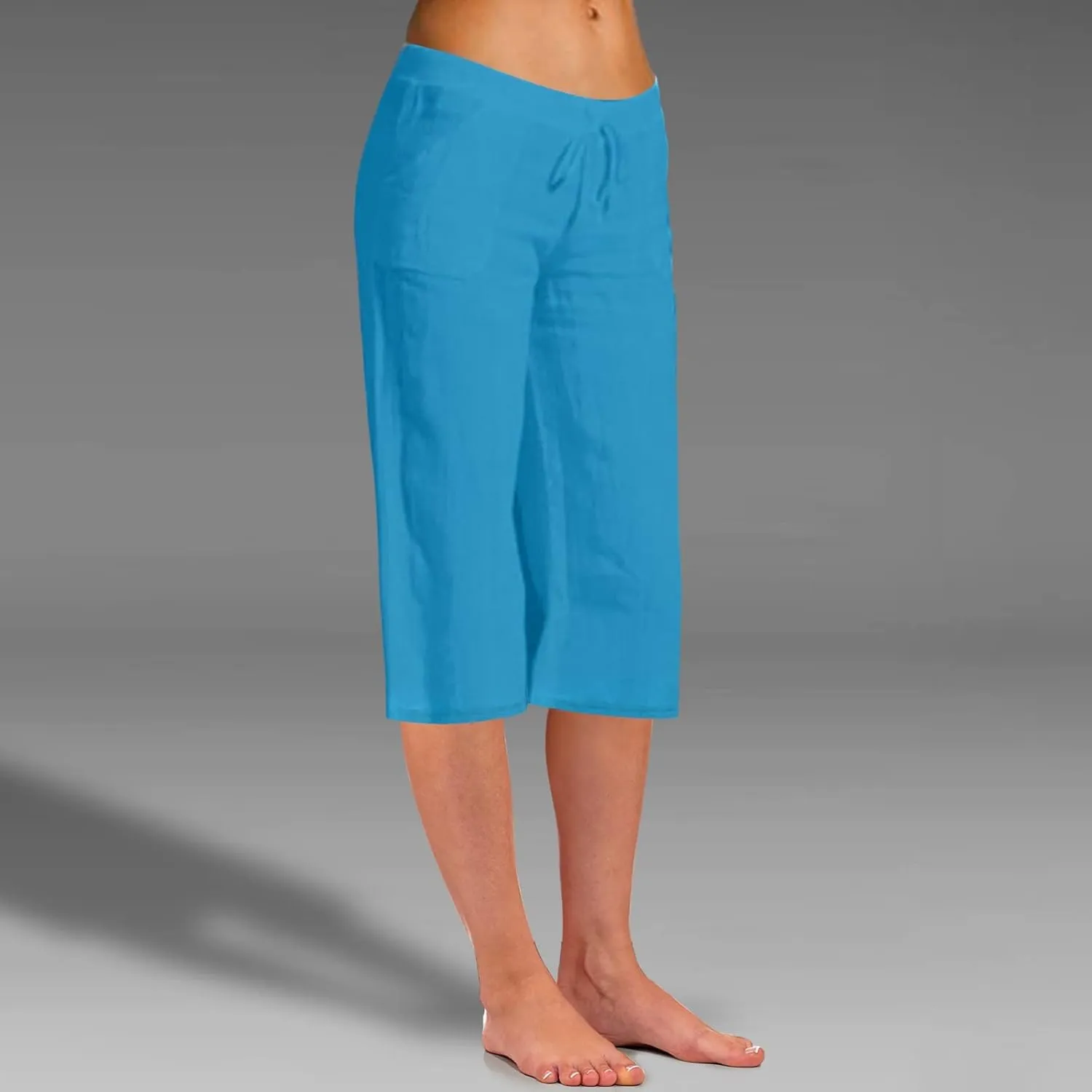 Women Fashion Solid Color Cotton Elastic Long Pants Beach Leisure Trousers Crop Length Pants Linen