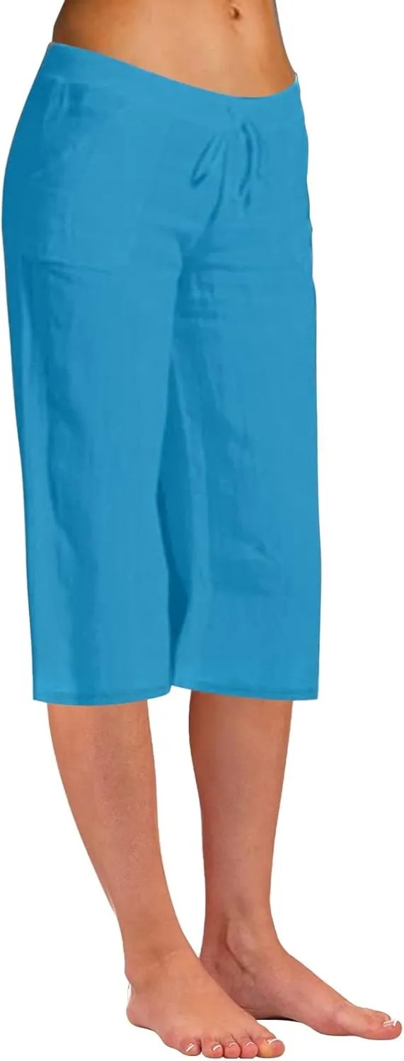 Women Fashion Solid Color Cotton Elastic Long Pants Beach Leisure Trousers Crop Length Pants Linen