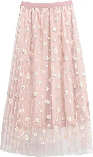 Women Floral Daisies Printed Skirt Pleated Mesh Elastic Waist Skirt Double Layer Swing A-Line Tulle Skirt