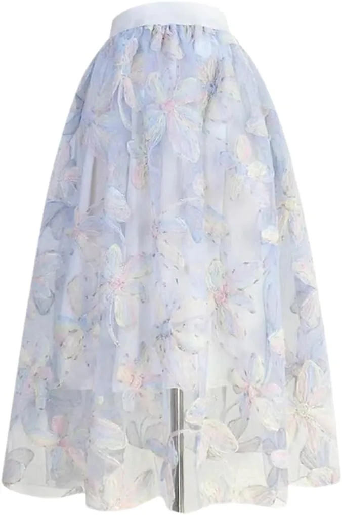 Women High Waisted Pleated Midi Tulle Skirt Spring Summer Korean Vintage Fairy Female Clothing