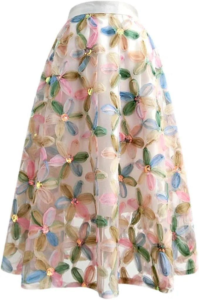 Women High Waisted Pleated Midi Tulle Skirt Spring Summer Korean Vintage Fairy Female Clothing