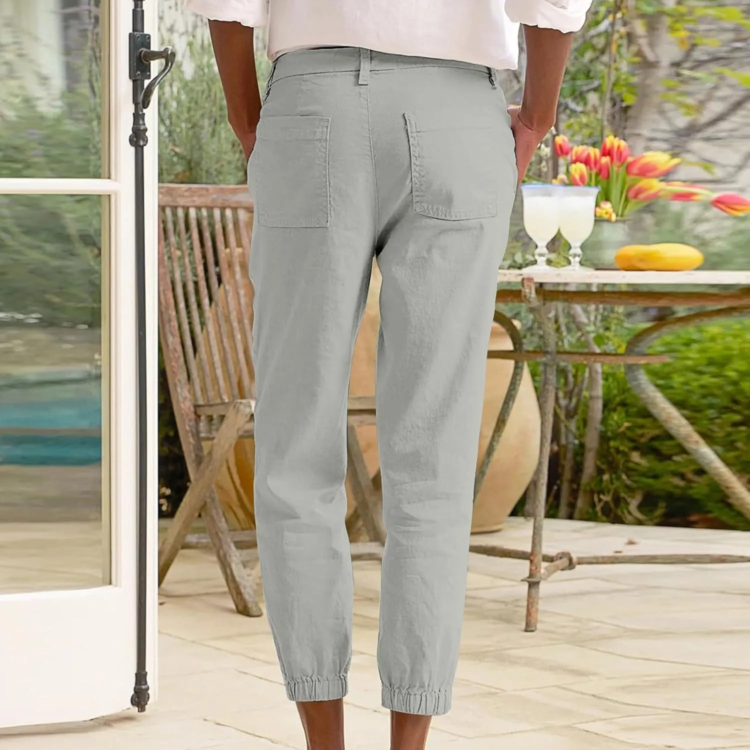 Women Linen Capris Pants 2025 Summer Casual Pant Vacation Bermuda Pants Palazzo Trousers with Pockets