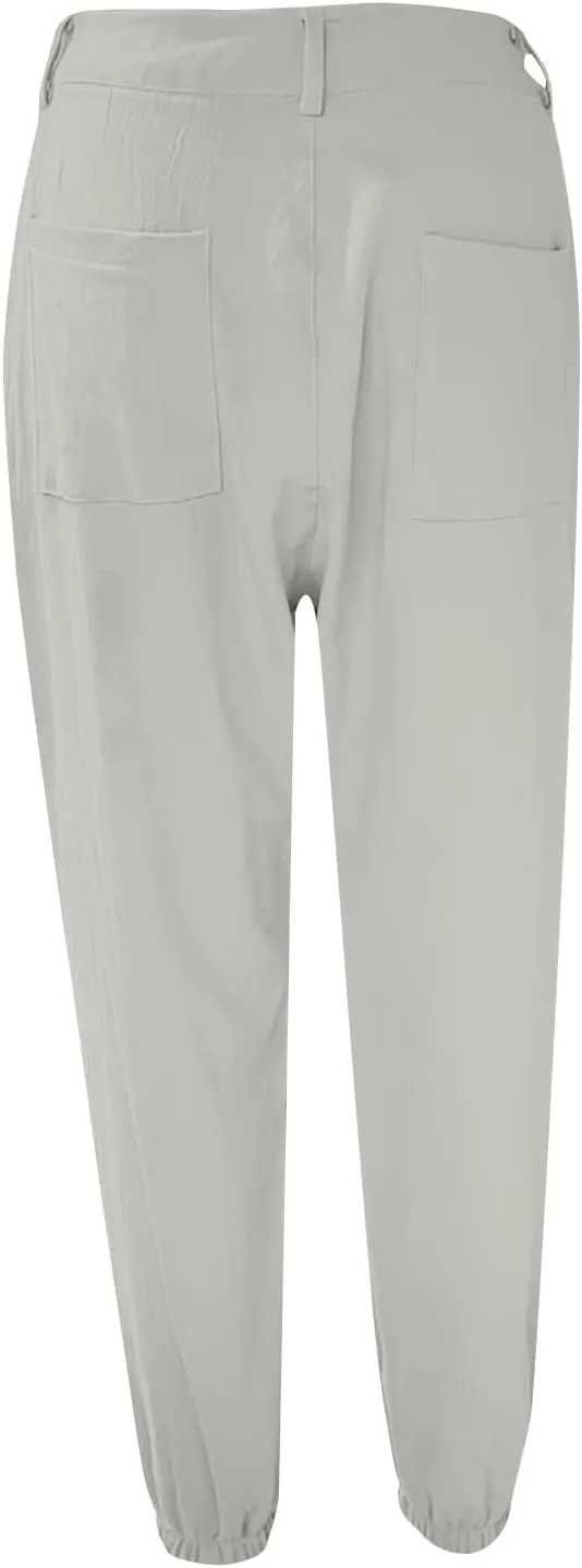 Women Linen Capris Pants 2025 Summer Casual Pant Vacation Bermuda Pants Palazzo Trousers with Pockets
