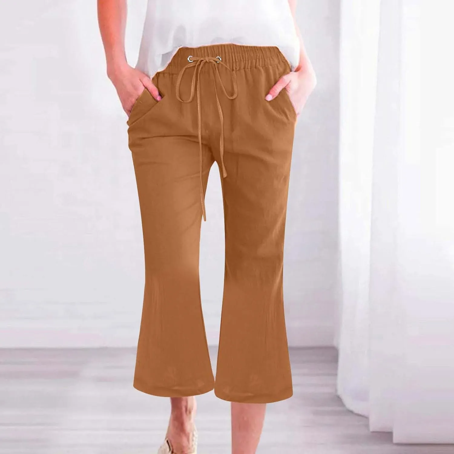 Women Linen Pants Summer Cotton and Linen Pocket Waist Slim Bell Bottom Pants Linen Blend Pants