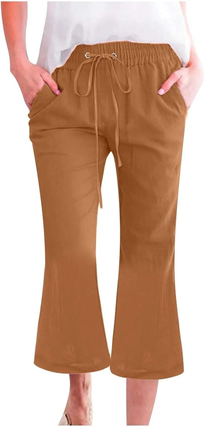 Women Linen Pants Summer Cotton and Linen Pocket Waist Slim Bell Bottom Pants Linen Blend Pants