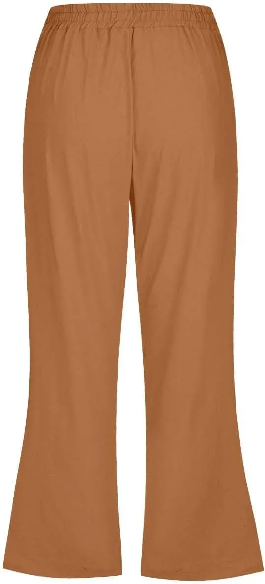 Women Linen Pants Summer Cotton and Linen Pocket Waist Slim Bell Bottom Pants Linen Blend Pants