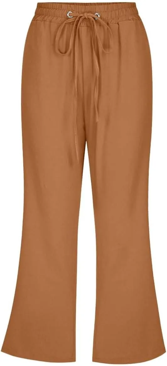 Women Linen Pants Summer Cotton and Linen Pocket Waist Slim Bell Bottom Pants Linen Blend Pants