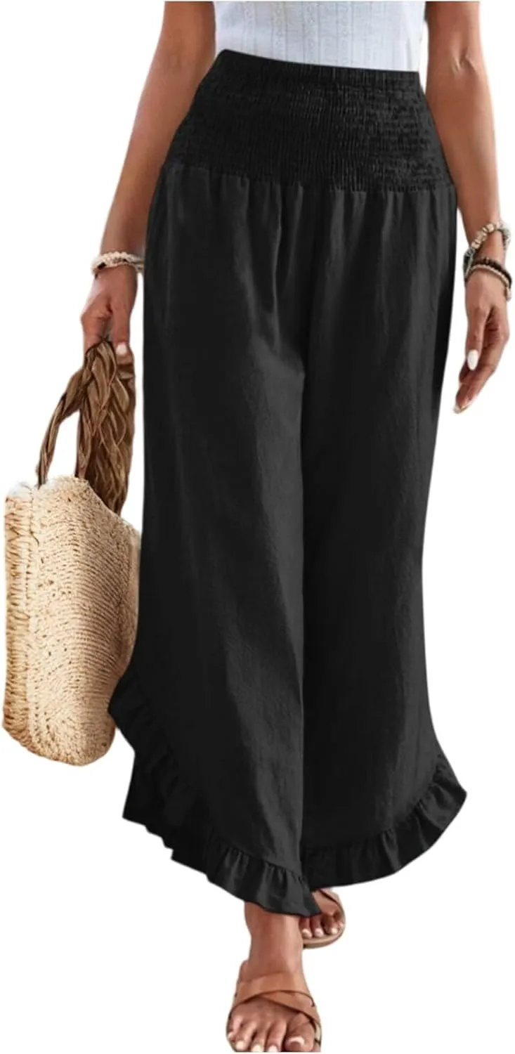 Women Linen Pants Wide Leg Smocked Waist Ruffle Hem Palazzo Pant Summer Boho Flowy Beach Trousers with Pockets
