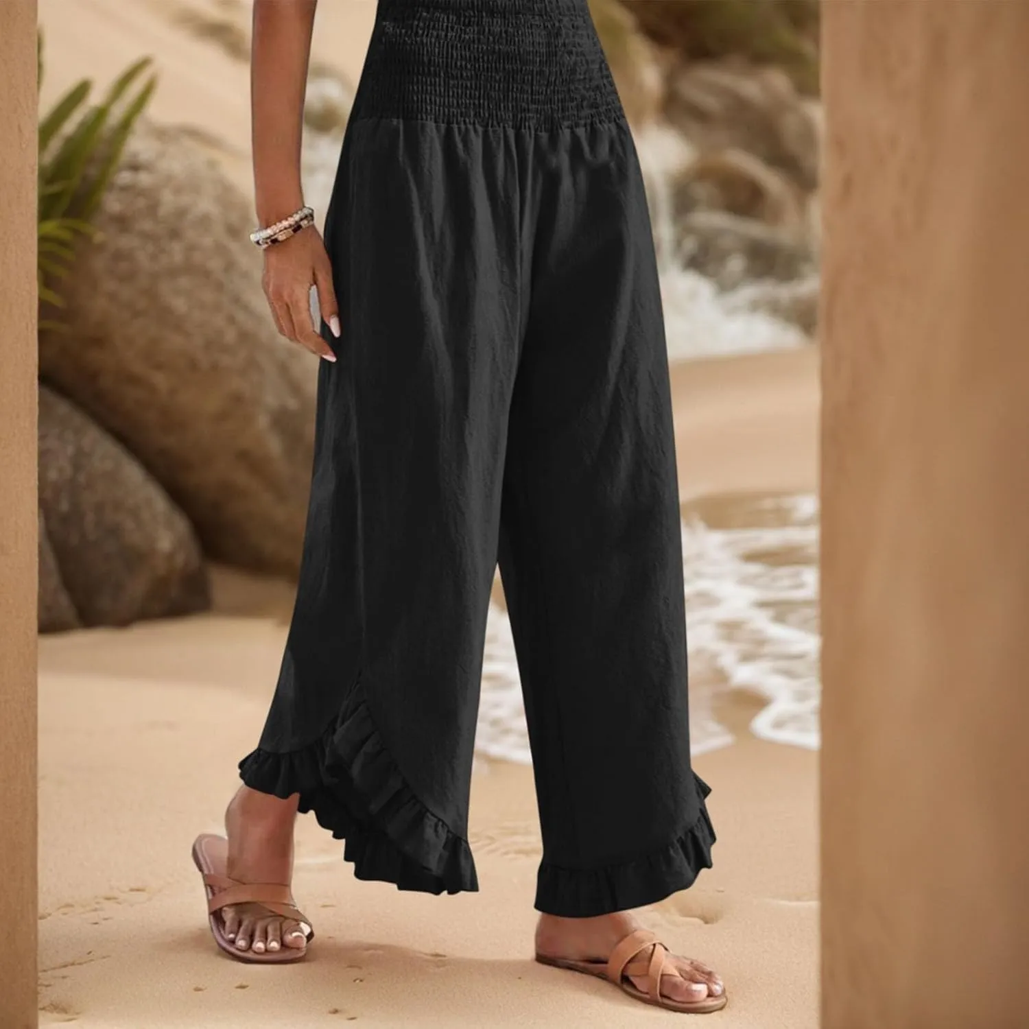 Women Linen Pants Wide Leg Smocked Waist Ruffle Hem Palazzo Pant Summer Boho Flowy Beach Trousers with Pockets