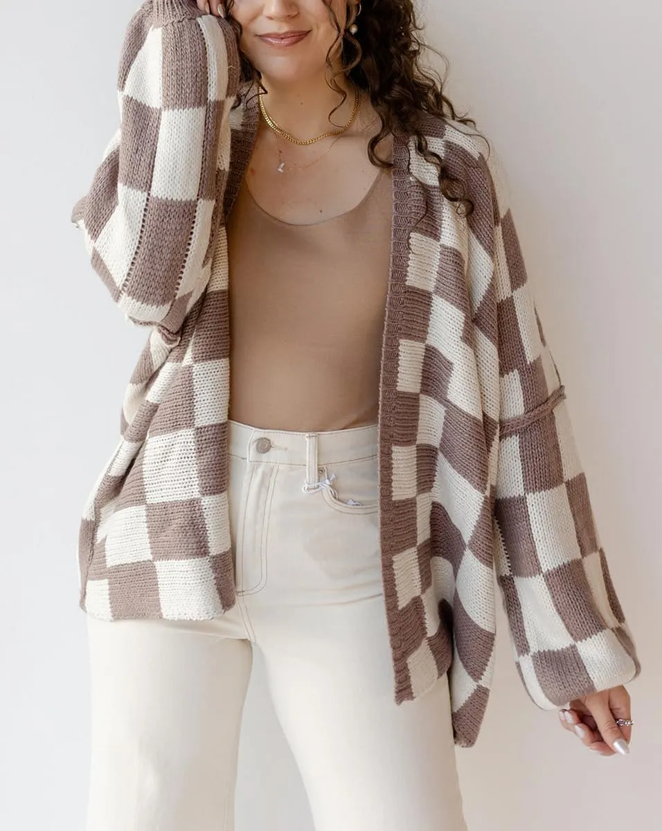 Women Oversized Plaid Cardigan Y2K Long Sleeve Checkered Open Front Knit Sweater Casual Loose Outwear Streetwear