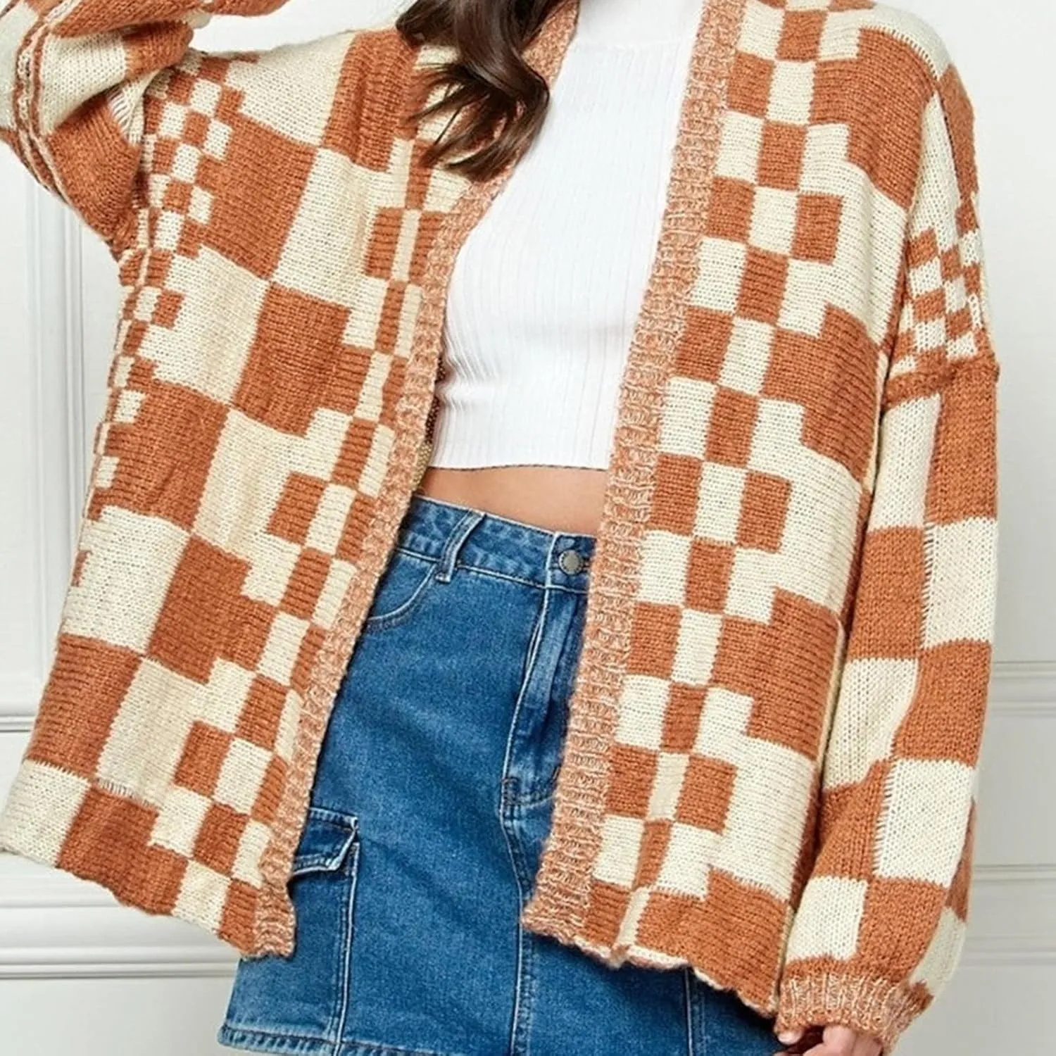 Women Oversized Plaid Cardigan Y2K Long Sleeve Checkered Open Front Knit Sweater Casual Loose Outwear Streetwear