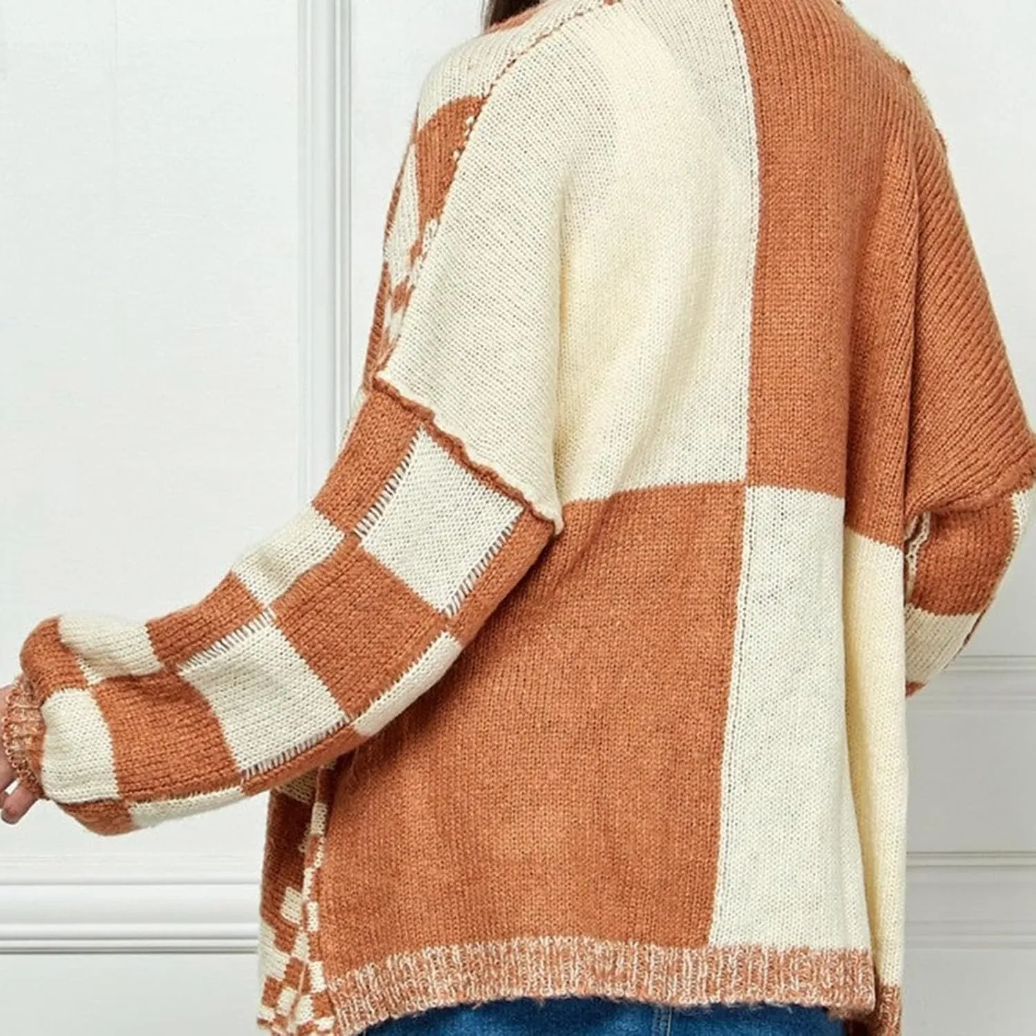 Women Oversized Plaid Cardigan Y2K Long Sleeve Checkered Open Front Knit Sweater Casual Loose Outwear Streetwear