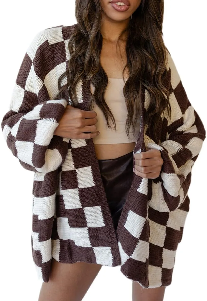 Women Oversized Plaid Cardigan Y2K Long Sleeve Checkered Open Front Knit Sweater Casual Loose Outwear Streetwear