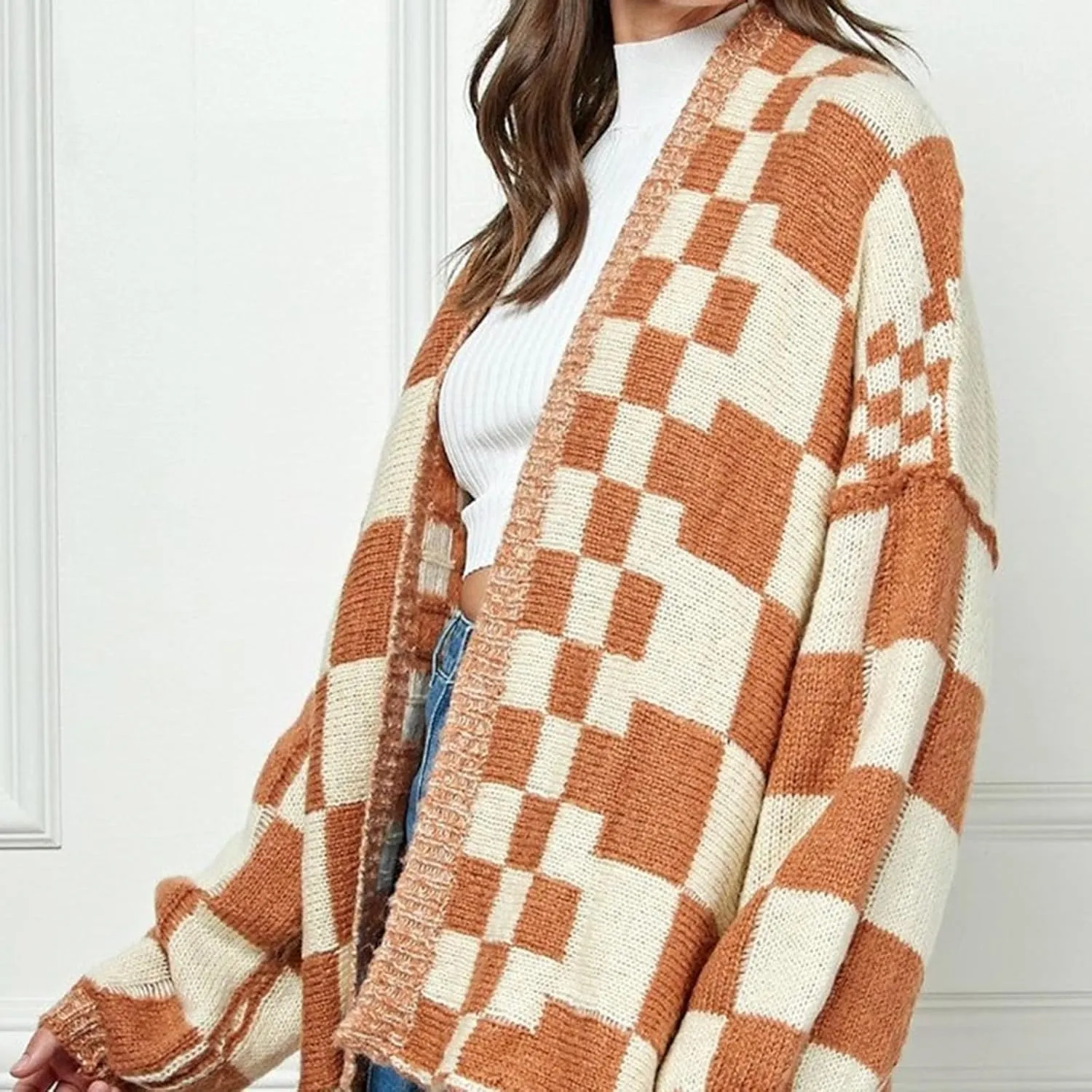 Women Oversized Plaid Cardigan Y2K Long Sleeve Checkered Open Front Knit Sweater Casual Loose Outwear Streetwear
