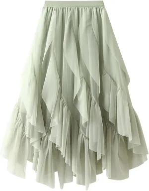 Women Ruffles A Line Pleated Skirt High Elastic Waist Tulle Midi Skirt Mesh Irregular Hem Lace Skirt