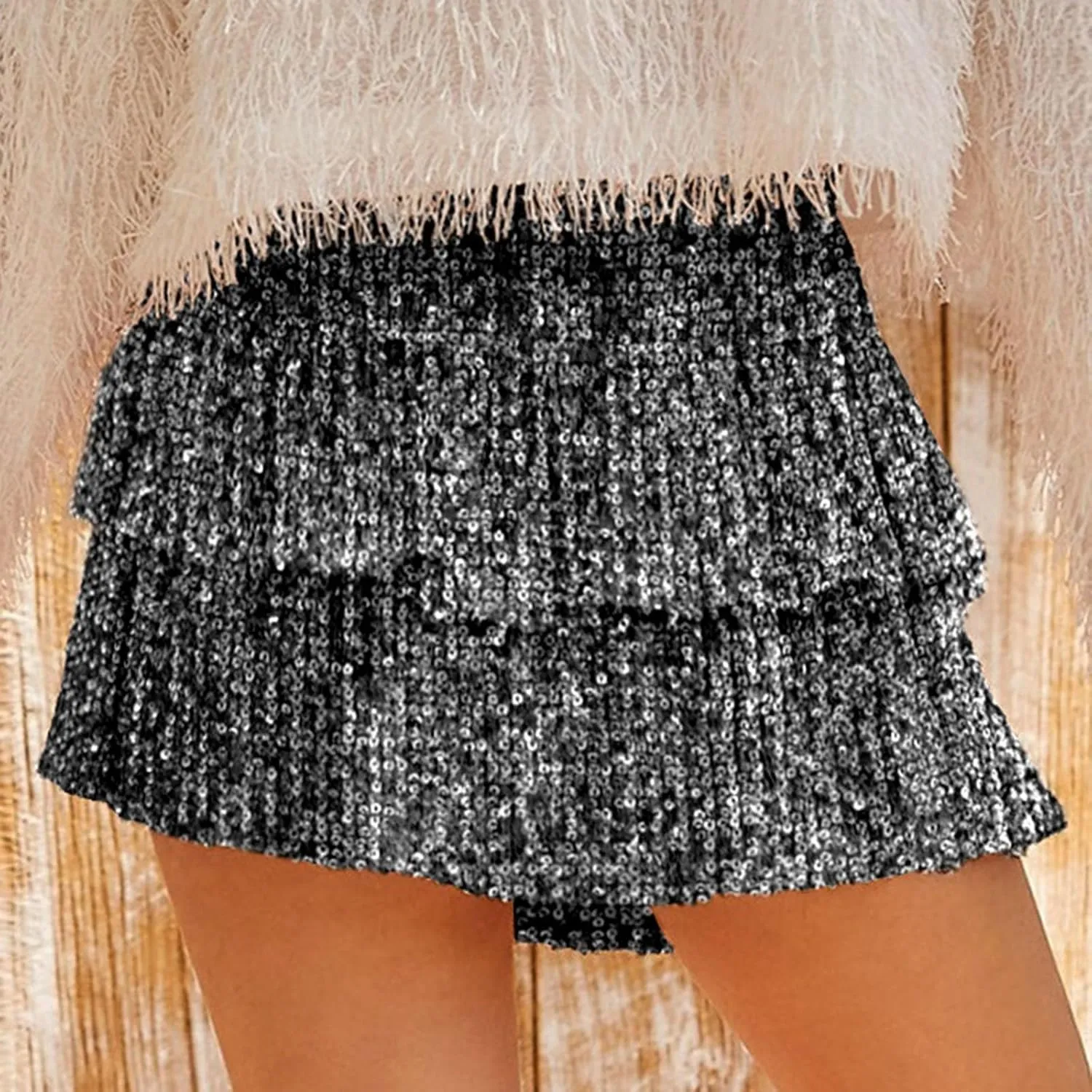 Women Sequin Skirt Sparkly Cute High Waist Ruffle Flowy Skirts Shiny Glitter Mini Short Skirts Night Out Club Party
