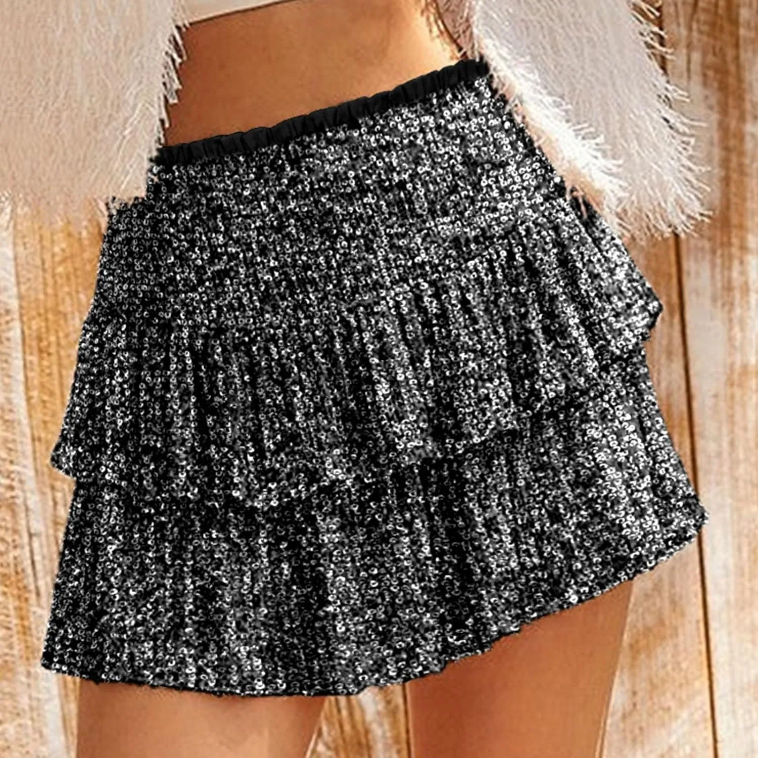 Women Sequin Skirt Sparkly Cute High Waist Ruffle Flowy Skirts Shiny Glitter Mini Short Skirts Night Out Club Party