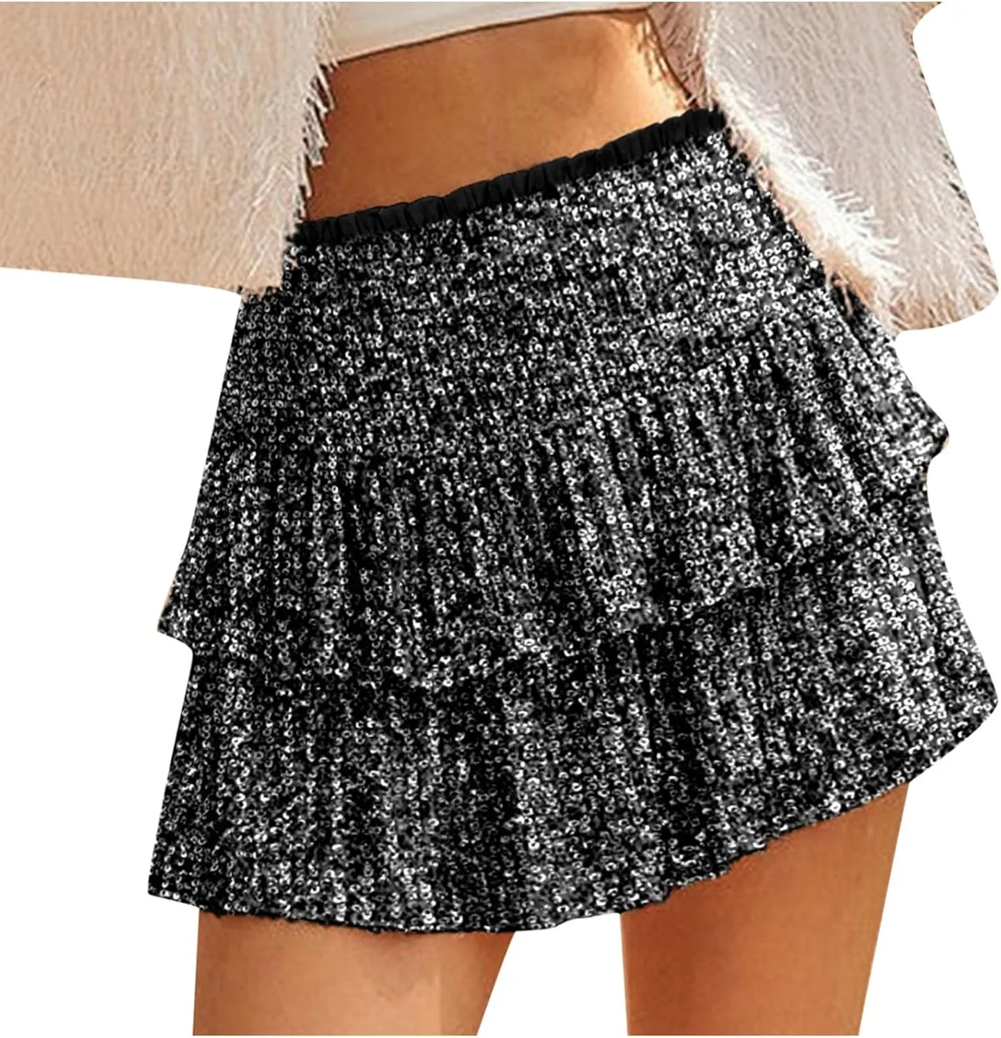 Women Sequin Skirt Sparkly Cute High Waist Ruffle Flowy Skirts Shiny Glitter Mini Short Skirts Night Out Club Party