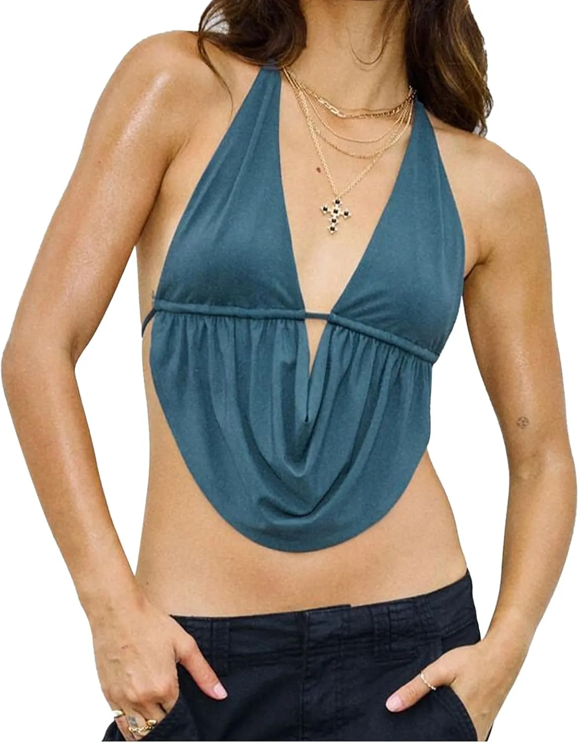 Women Sexy Deep V Neck Halter Top Cowl Neck Tie Back Slim Crop Camisole Summer Y2k Coquette Low Cut Backless Tank Top