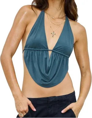 Women Sexy Deep V Neck Halter Top Cowl Neck Tie Back Slim Crop Camisole Summer Y2k Coquette Low Cut Backless Tank Top