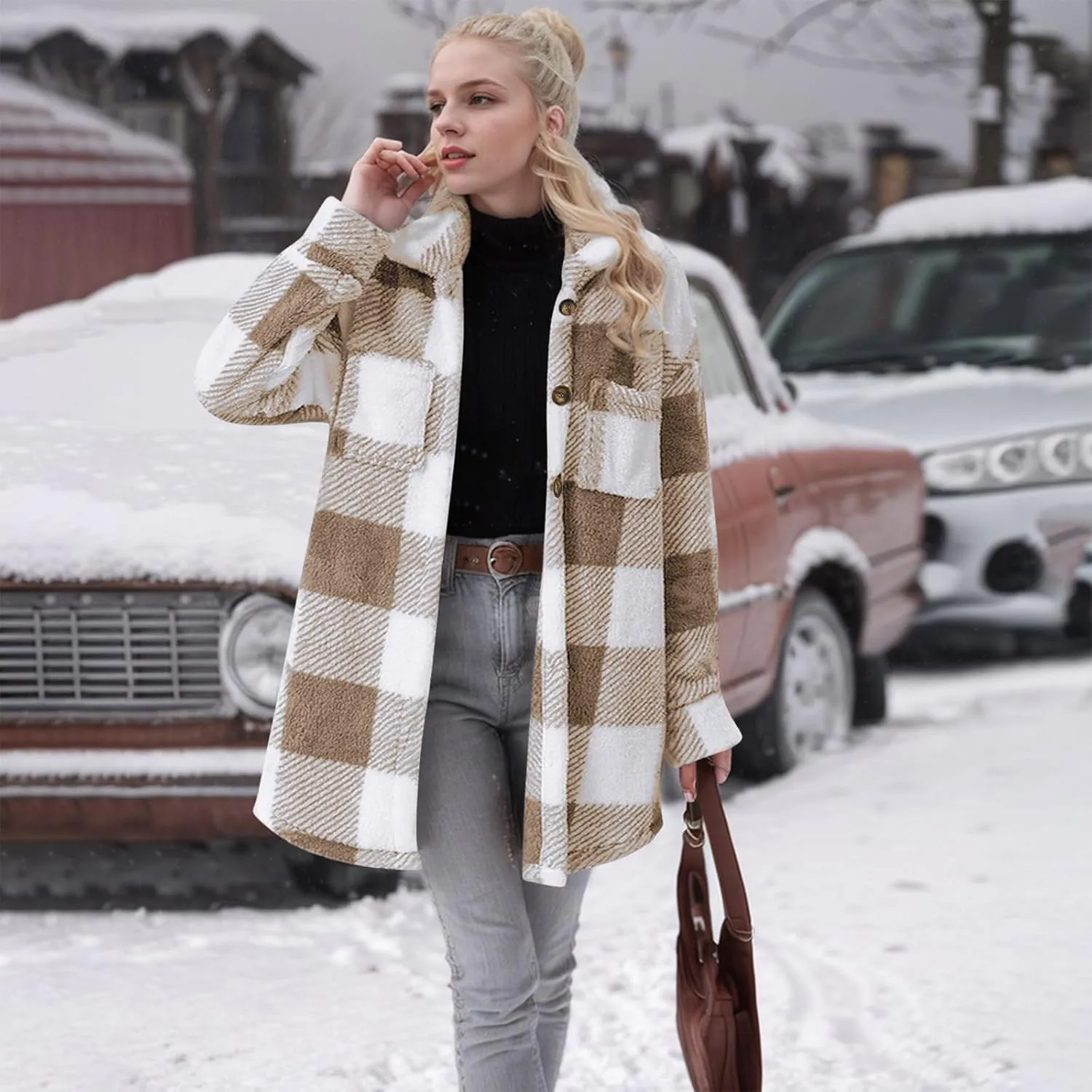 Women Sherpa Jacket Casual Flannel Colorblock Plaid Shacket Long Sleeve Lapel Button Long Fleece Jackets with Pockets