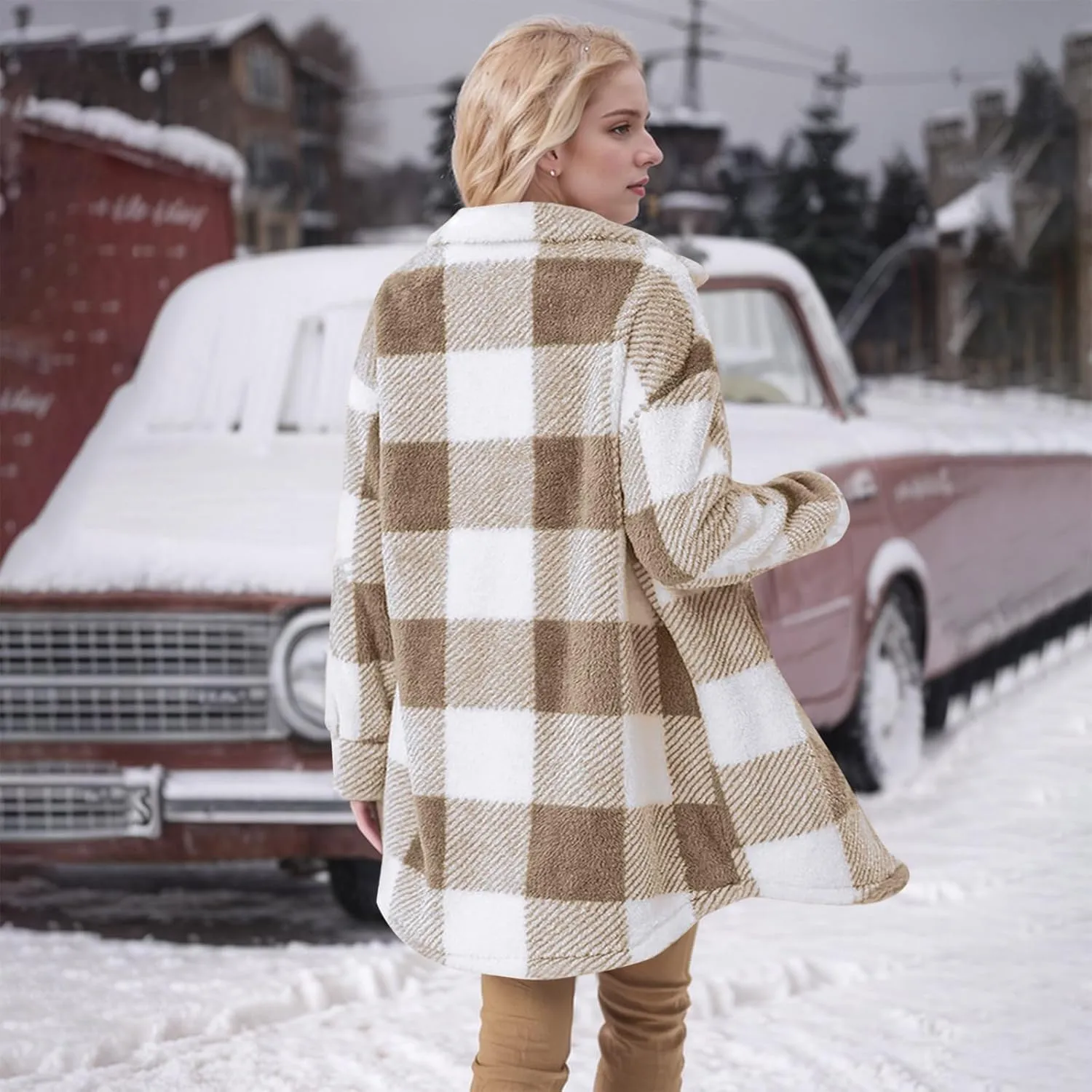Women Sherpa Jacket Casual Flannel Colorblock Plaid Shacket Long Sleeve Lapel Button Long Fleece Jackets with Pockets