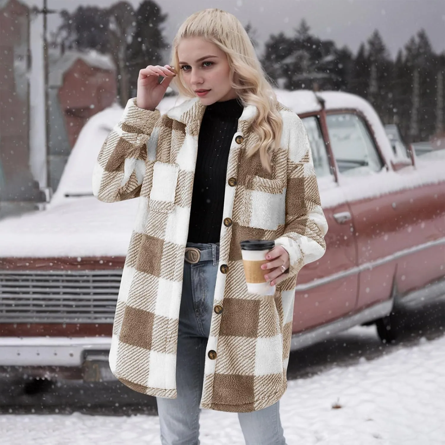Women Sherpa Jacket Casual Flannel Colorblock Plaid Shacket Long Sleeve Lapel Button Long Fleece Jackets with Pockets