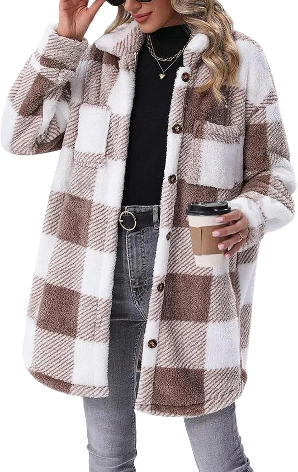 Women Sherpa Jacket Casual Flannel Colorblock Plaid Shacket Long Sleeve Lapel Button Long Fleece Jackets with Pockets