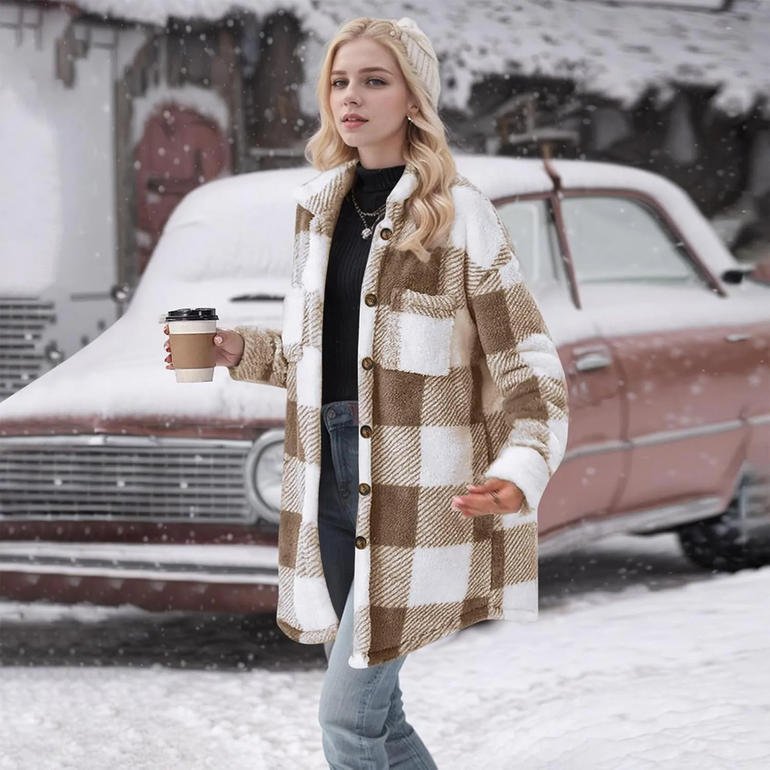 Women Sherpa Jacket Casual Flannel Colorblock Plaid Shacket Long Sleeve Lapel Button Long Fleece Jackets with Pockets