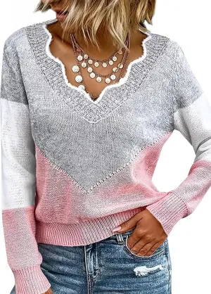 Women Spring Color Block V Neck Knit Pullover Long Sleeve Sexy Casual Soft Sweaters Tops