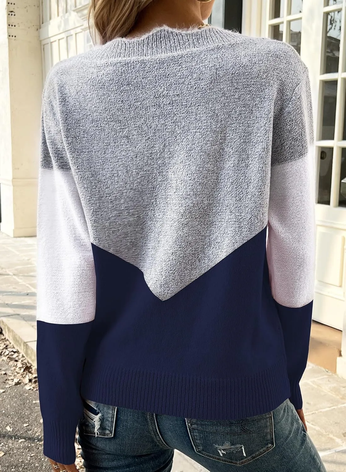 Women Spring Color Block V Neck Knit Pullover Long Sleeve Sexy Casual Soft Sweaters Tops