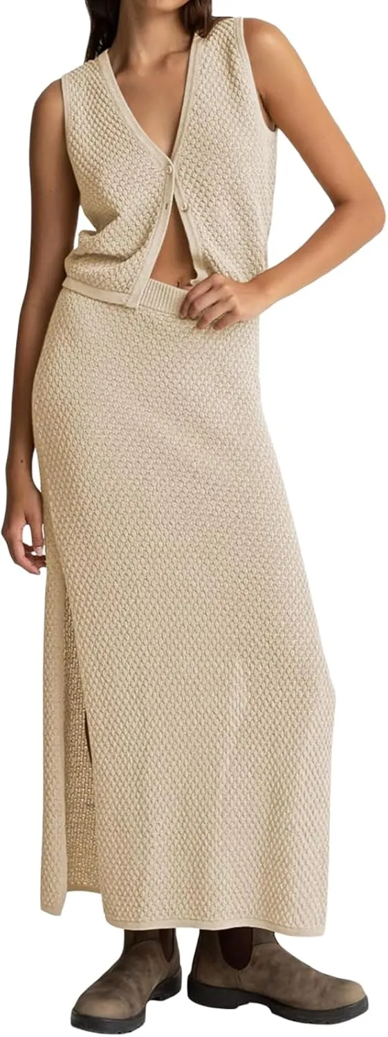 Women Summer 2 Piece Skirt Outfit V Neck Button Tank Top Vest Bodycon Knit Maxi Long Skirt Set Waffle Dress Suit