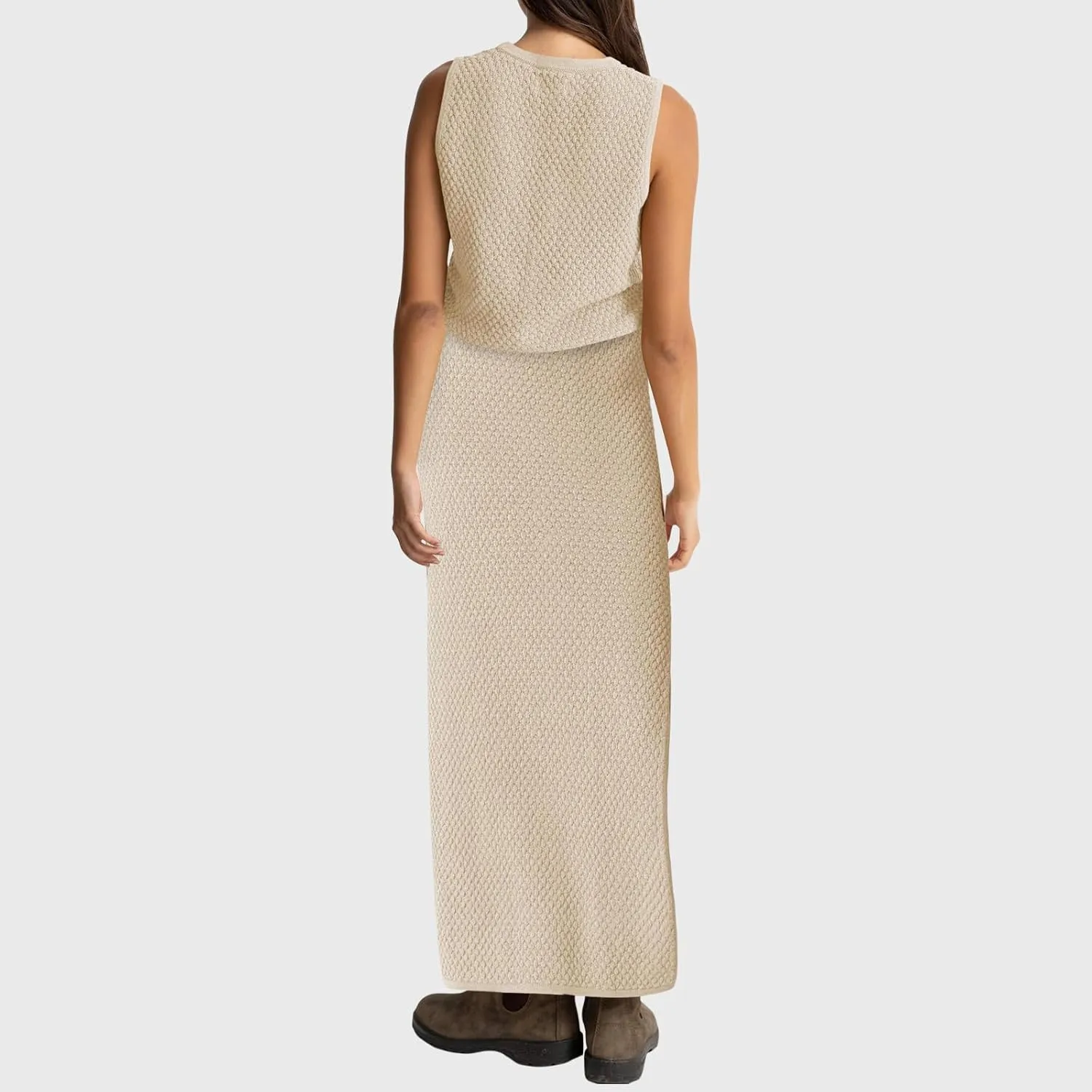 Women Summer 2 Piece Skirt Outfit V Neck Button Tank Top Vest Bodycon Knit Maxi Long Skirt Set Waffle Dress Suit
