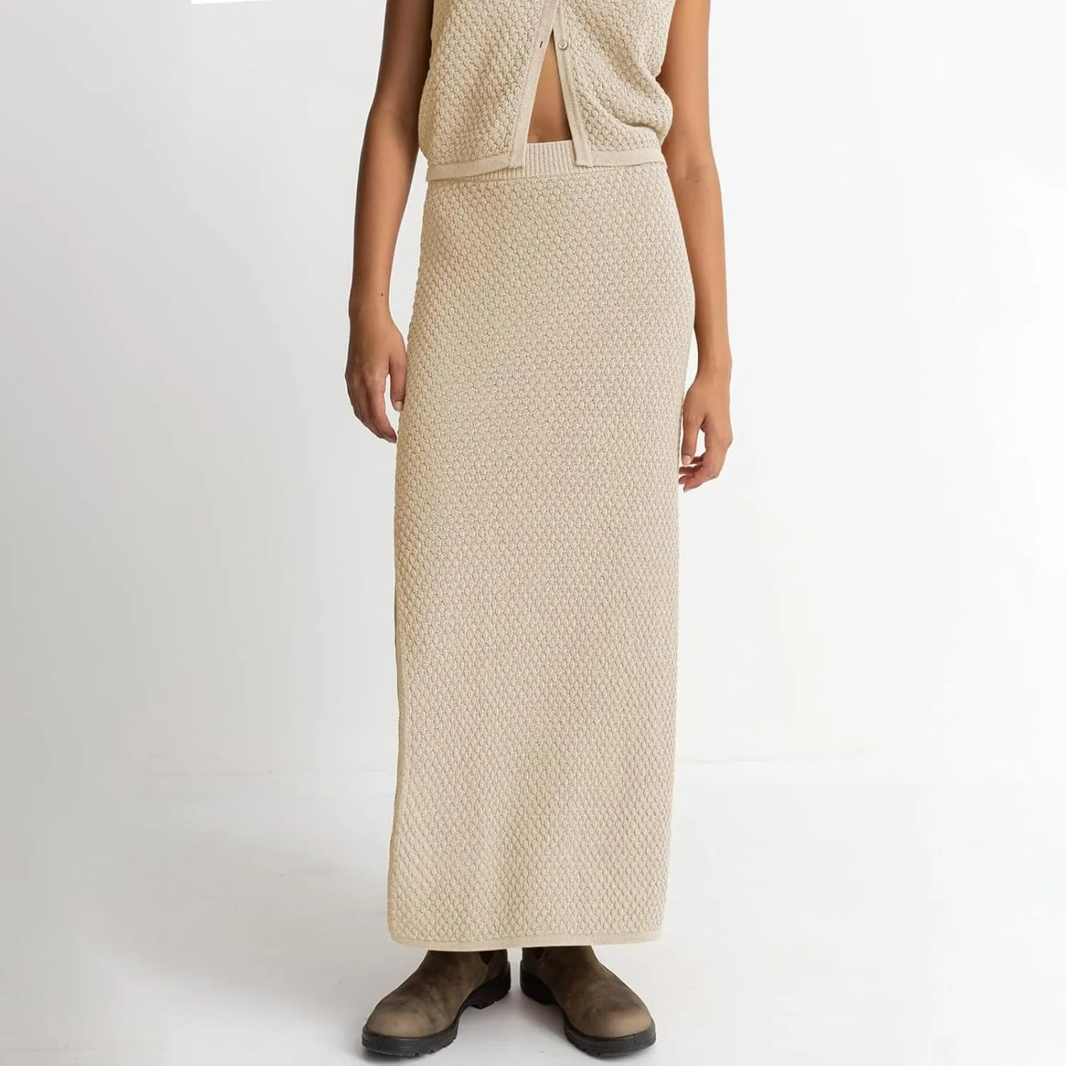Women Summer 2 Piece Skirt Outfit V Neck Button Tank Top Vest Bodycon Knit Maxi Long Skirt Set Waffle Dress Suit