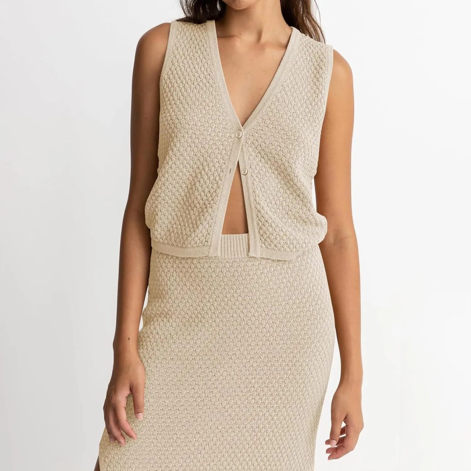 Women Summer 2 Piece Skirt Outfit V Neck Button Tank Top Vest Bodycon Knit Maxi Long Skirt Set Waffle Dress Suit
