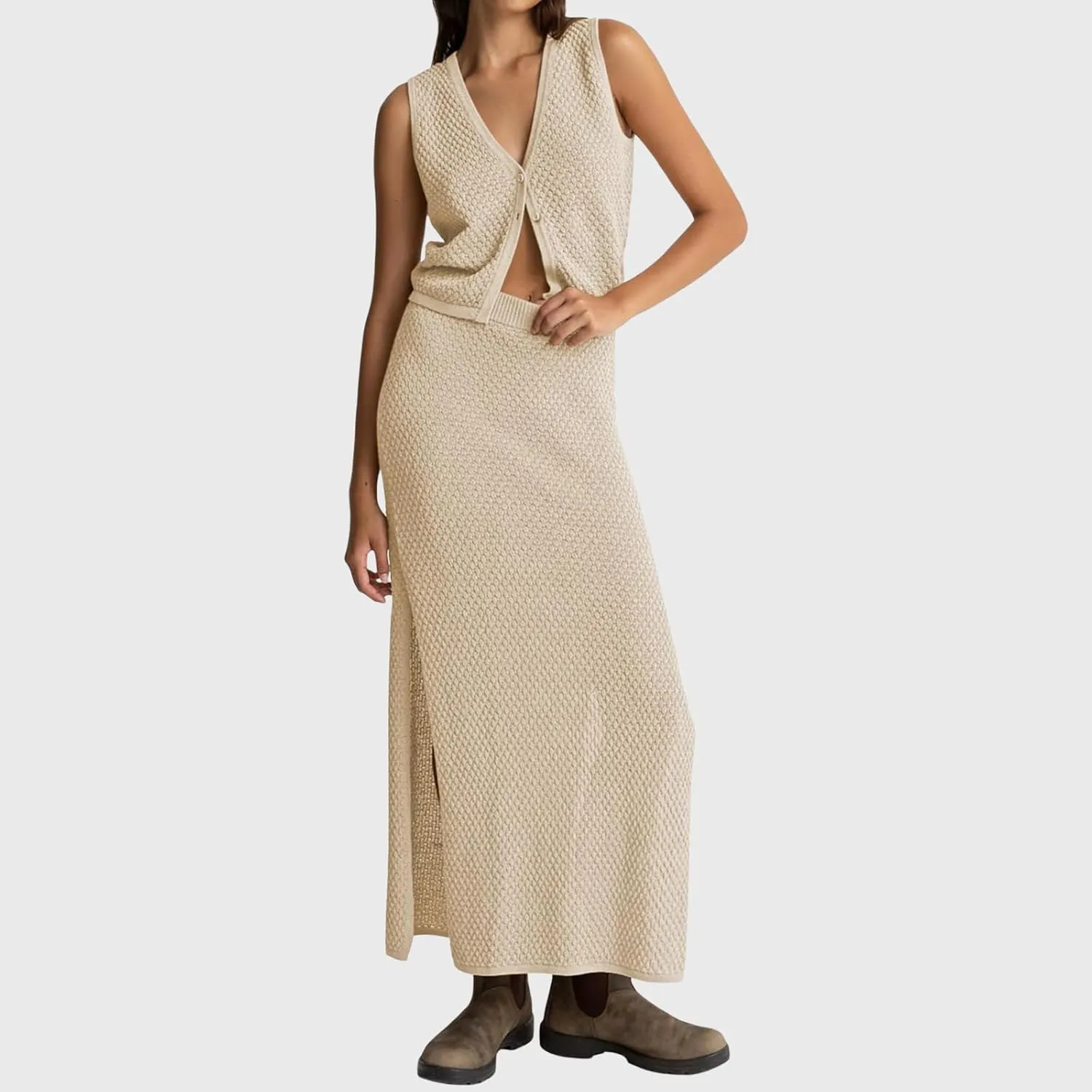 Women Summer 2 Piece Skirt Outfit V Neck Button Tank Top Vest Bodycon Knit Maxi Long Skirt Set Waffle Dress Suit