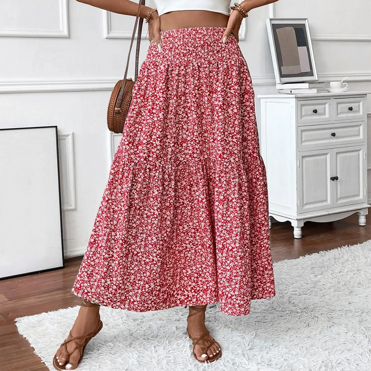 Women Summer Boho Floral Smocked Elastic High Waist Flowy Swing Pleated Maxi Skirts Vacation Print A-Line Long Skirts