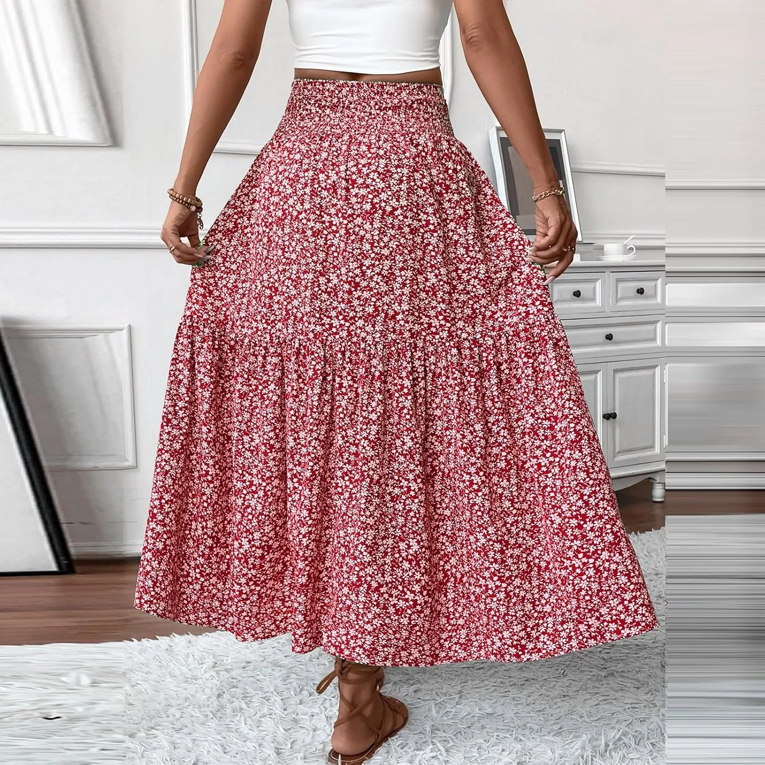 Women Summer Boho Floral Smocked Elastic High Waist Flowy Swing Pleated Maxi Skirts Vacation Print A-Line Long Skirts