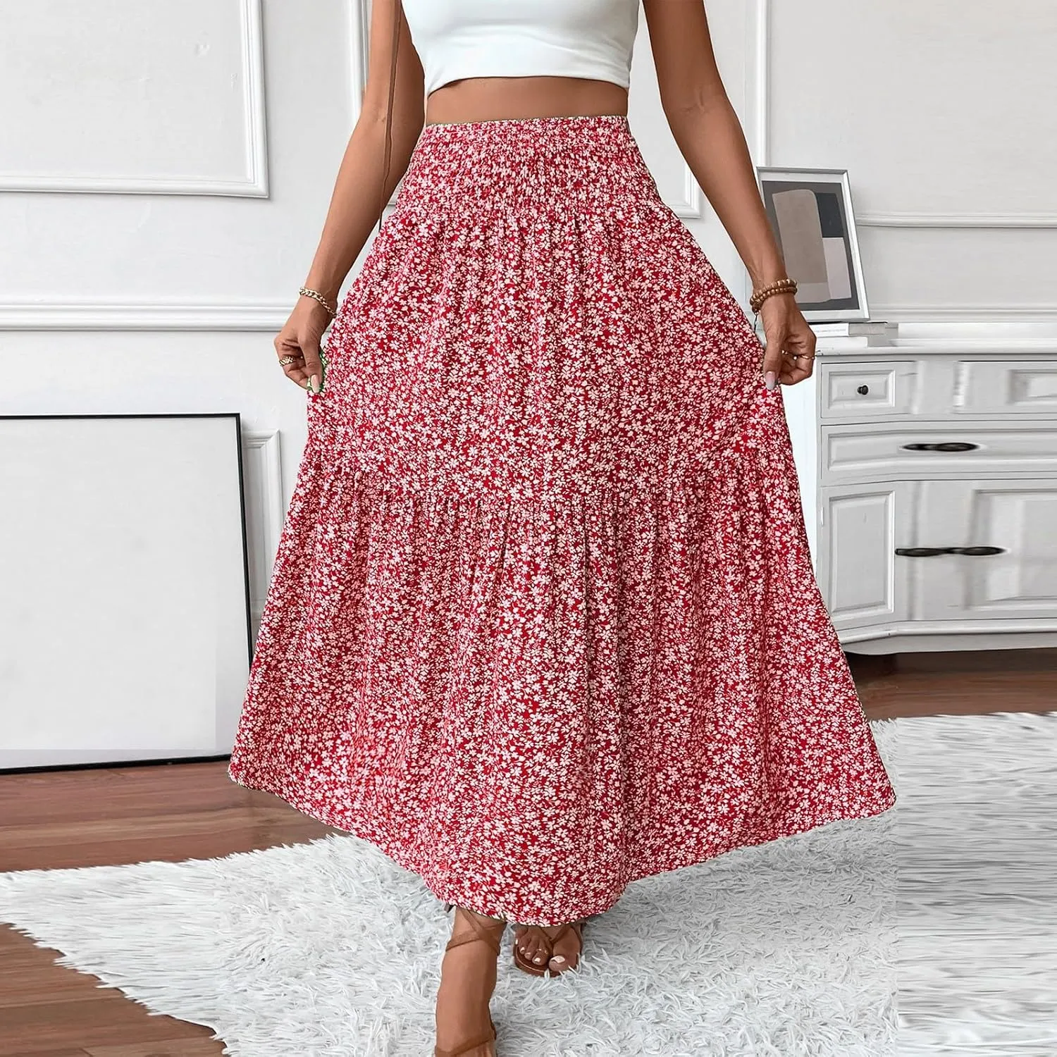 Women Summer Boho Floral Smocked Elastic High Waist Flowy Swing Pleated Maxi Skirts Vacation Print A-Line Long Skirts