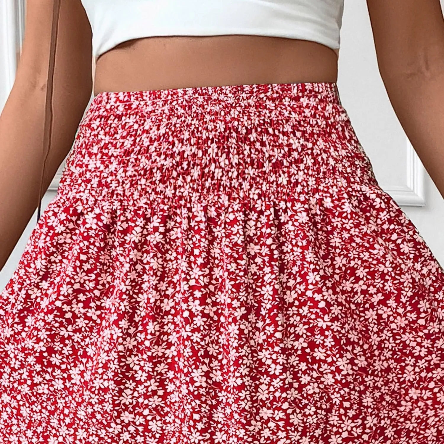 Women Summer Boho Floral Smocked Elastic High Waist Flowy Swing Pleated Maxi Skirts Vacation Print A-Line Long Skirts
