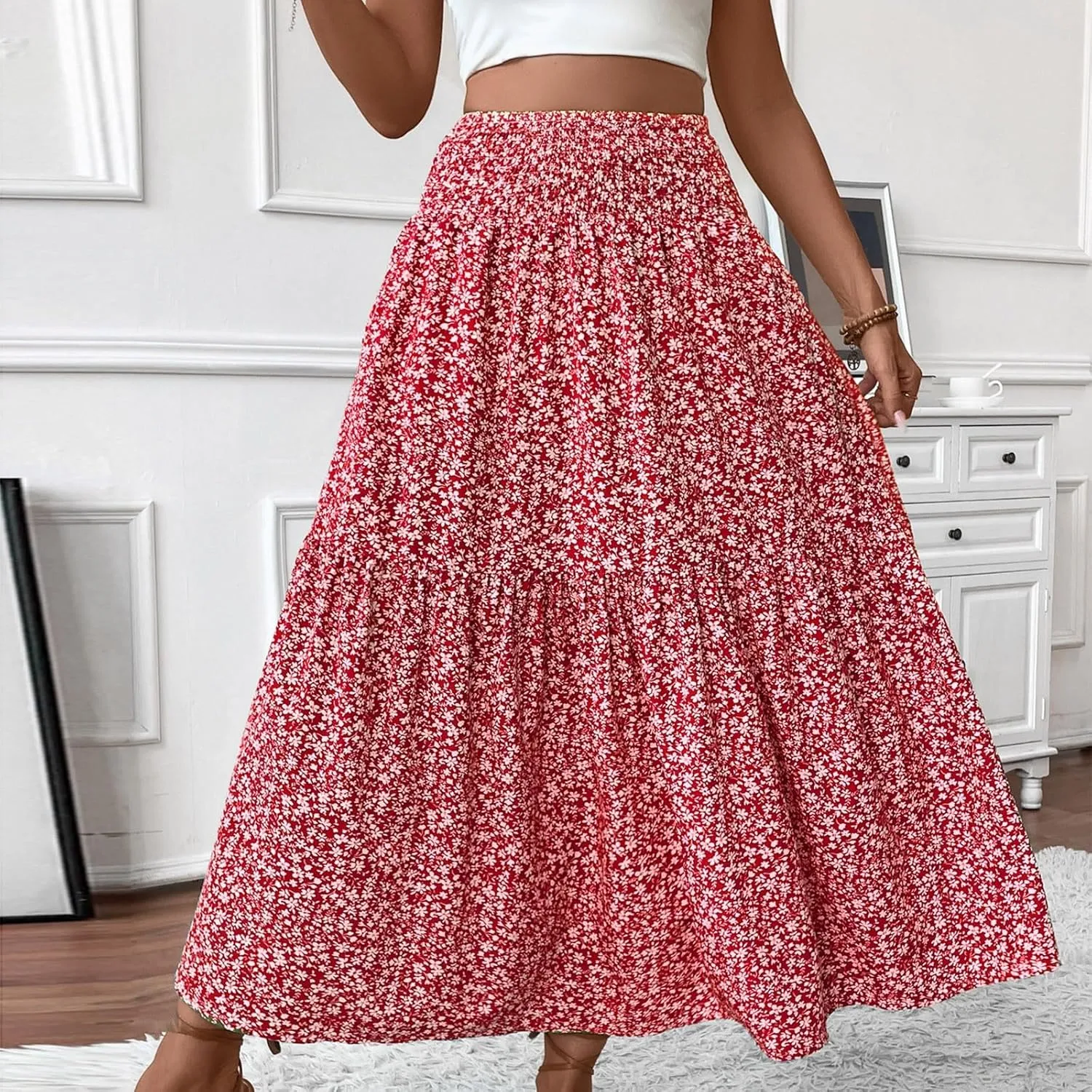 Women Summer Boho Floral Smocked Elastic High Waist Flowy Swing Pleated Maxi Skirts Vacation Print A-Line Long Skirts