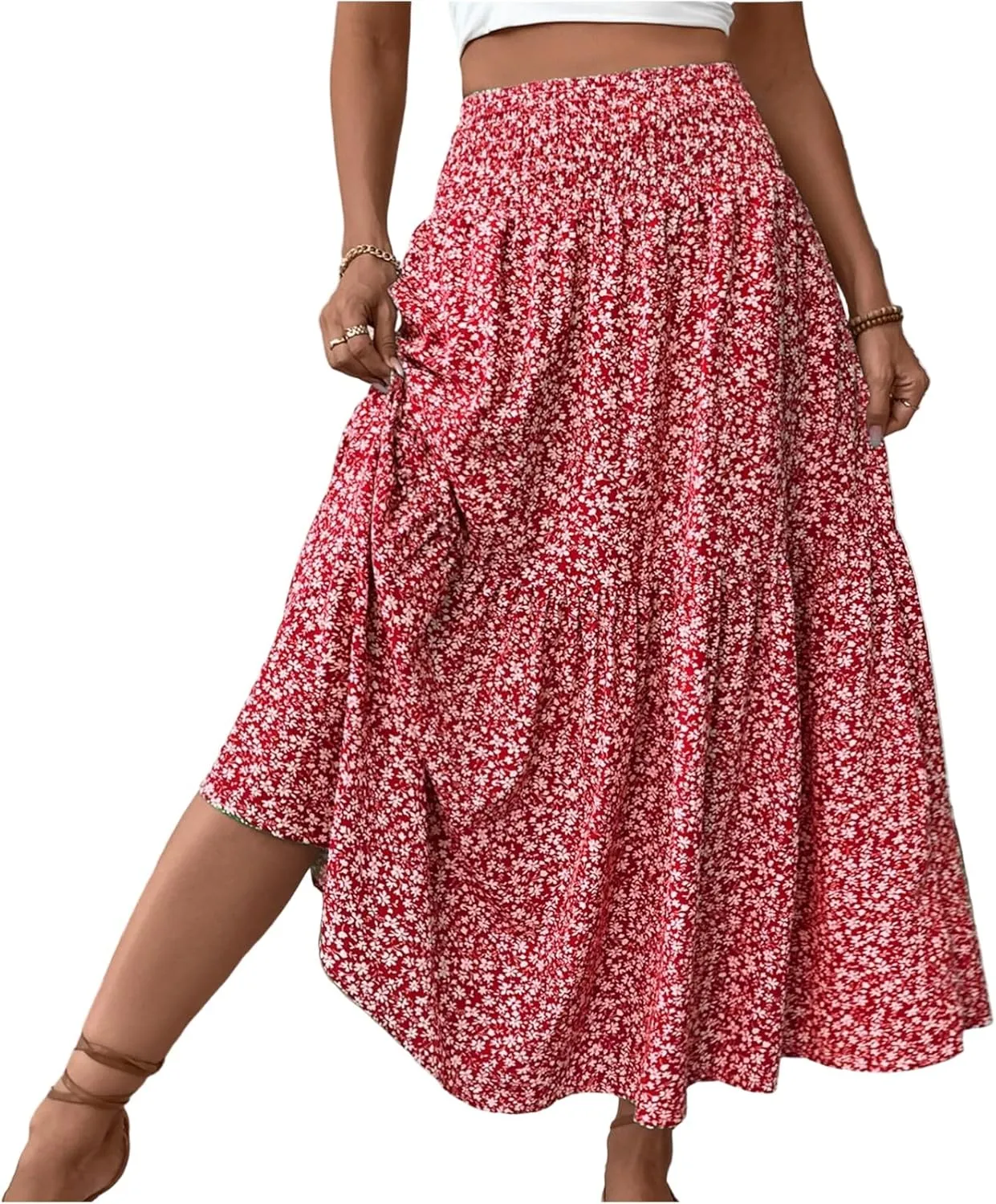 Women Summer Boho Floral Smocked Elastic High Waist Flowy Swing Pleated Maxi Skirts Vacation Print A-Line Long Skirts